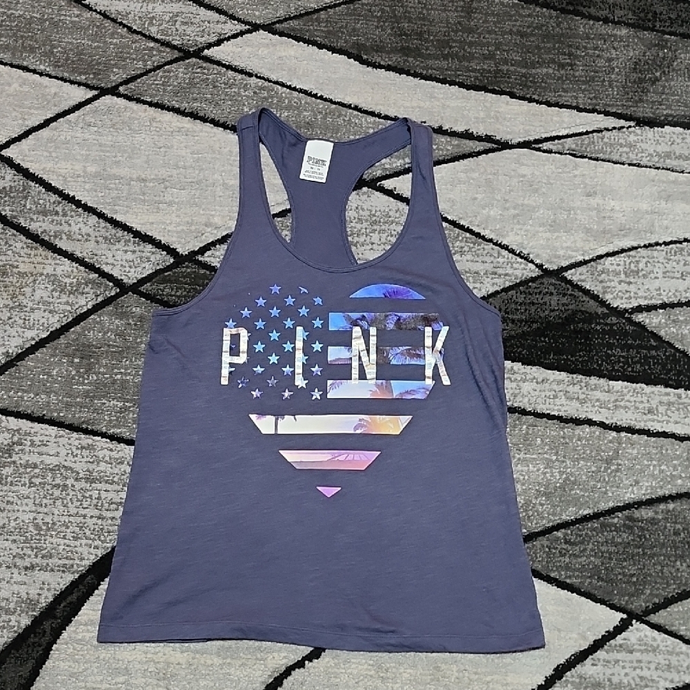 VS PINK IRIDESCENT SILVER SHINE HEART AMERICAN FLAG TROPICAL RACER-BACK TANK-TOP